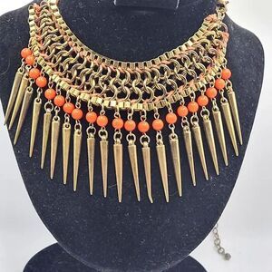Bohemian Orange Festival Necklace Brass Bib Statement Necklace 22in